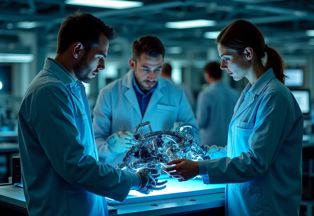 Ingegneri che collaborano con sistemi robotici avanzati